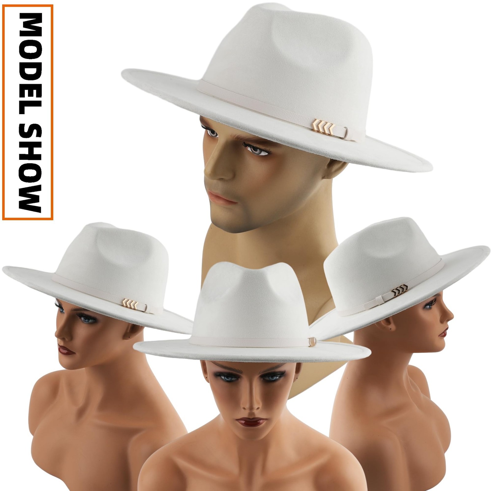 Wide Brim Fedora Hat for Men Women Big Rancher Felt Hat One Size Belt-ivory