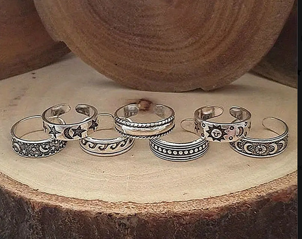 Moon star silver toe ring set 7 PIECES