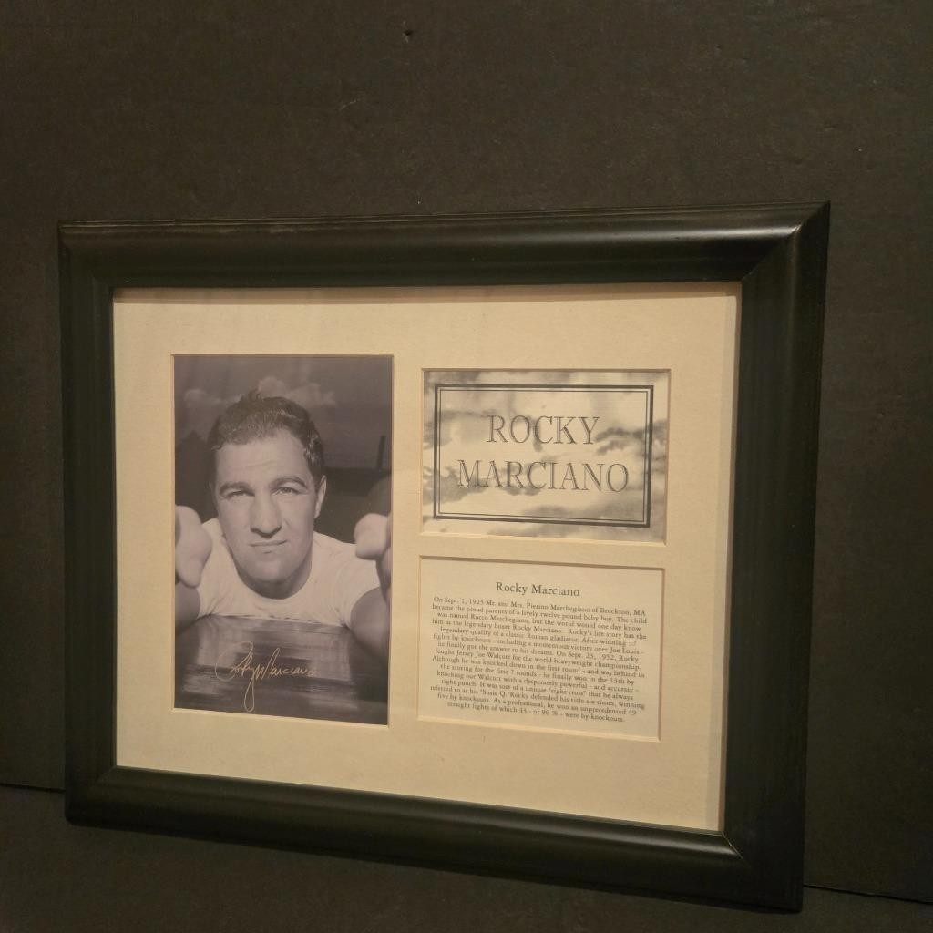 RARE ROCKY MARCIANO HISTORY 13"X16" PHOTO FRAMED W/ PRINTED AUTOGRAPH FRAMED