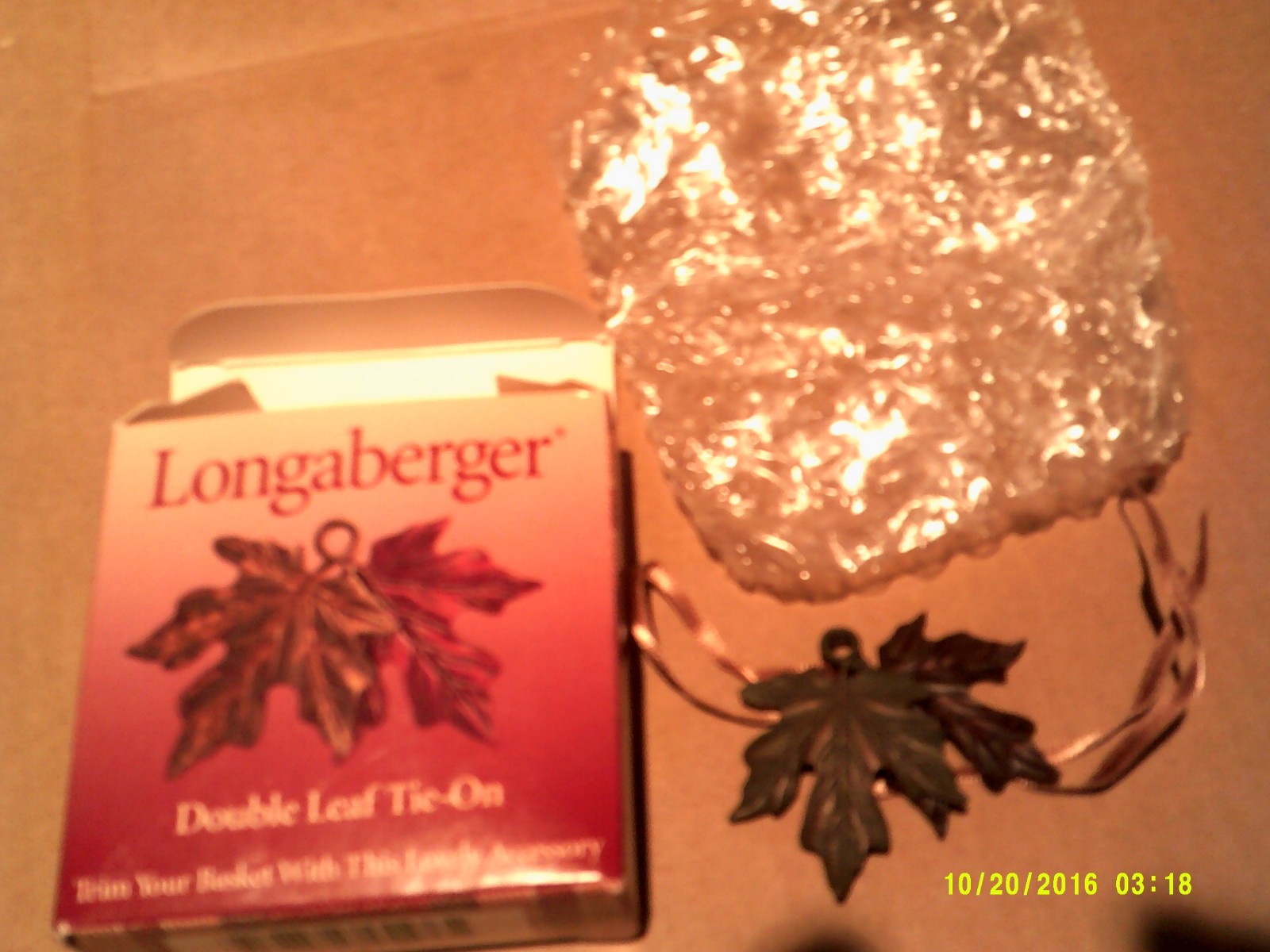 Longaberger  2000 DOUBLE LEAF Tie-on / Ornament w/Golden Brown Ribbon New MIB