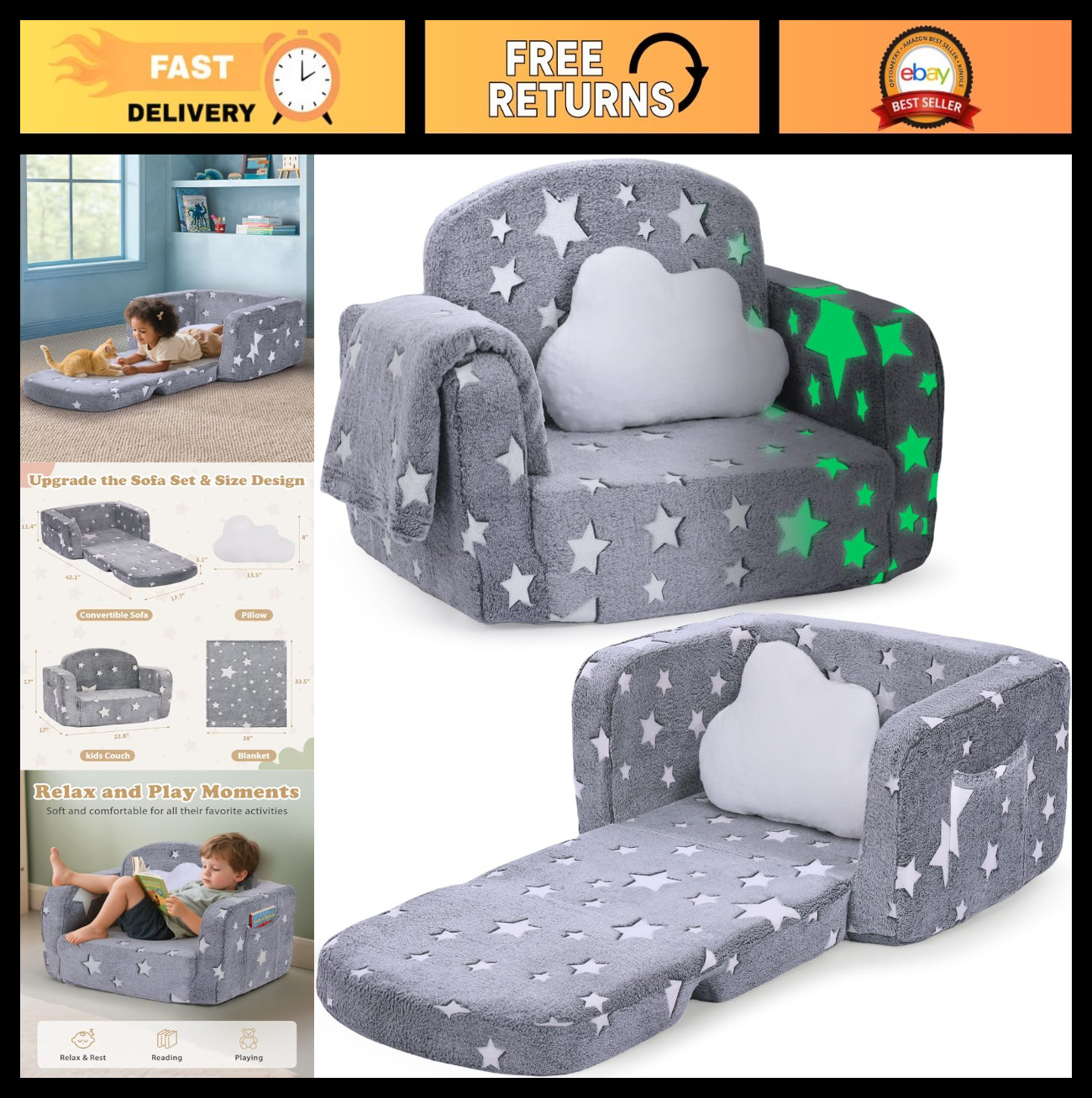 2-in-1 Kids Couch with Blanket & Cloud Pillow, Glow in Dark Toddler Chair, Comfy