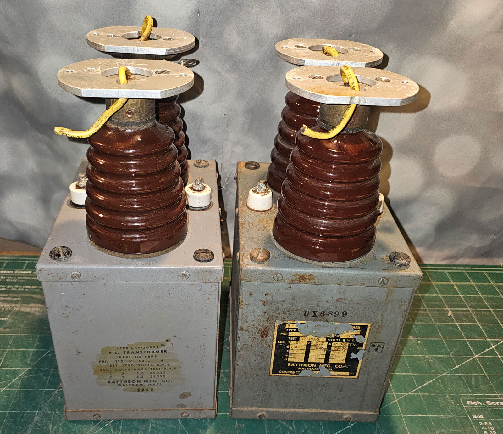 2 - Vintage RAYTHEON Filament Transformers PN UX-6890, CRP-30891, w/Insulators