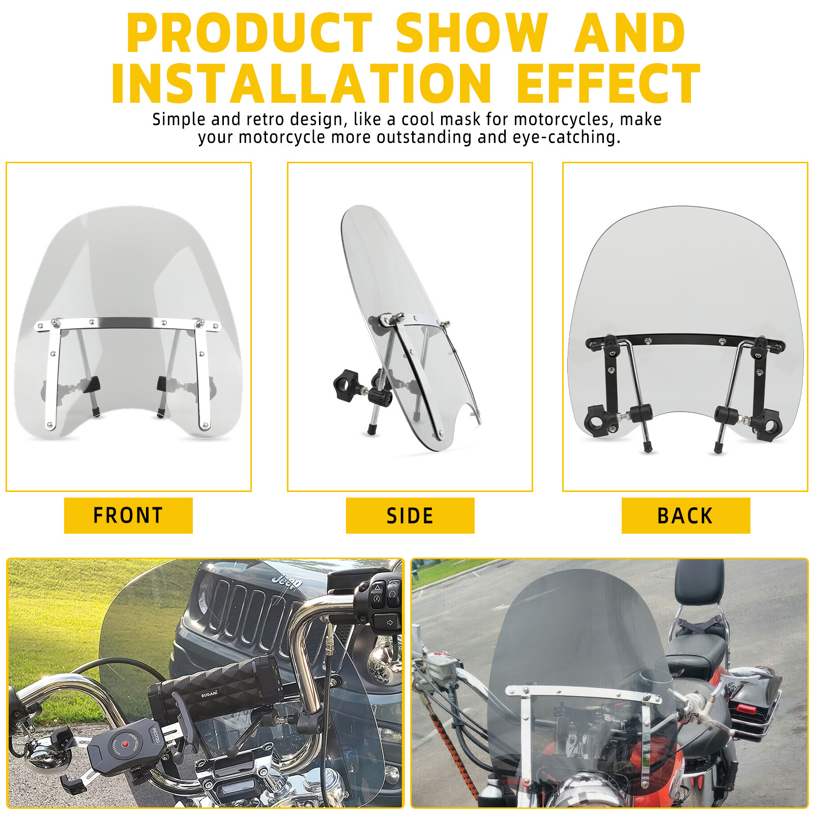 For Scooter E-bike 18"x16" Large Smoke Windshield Windscreen7/8'' 1'' Handlebar