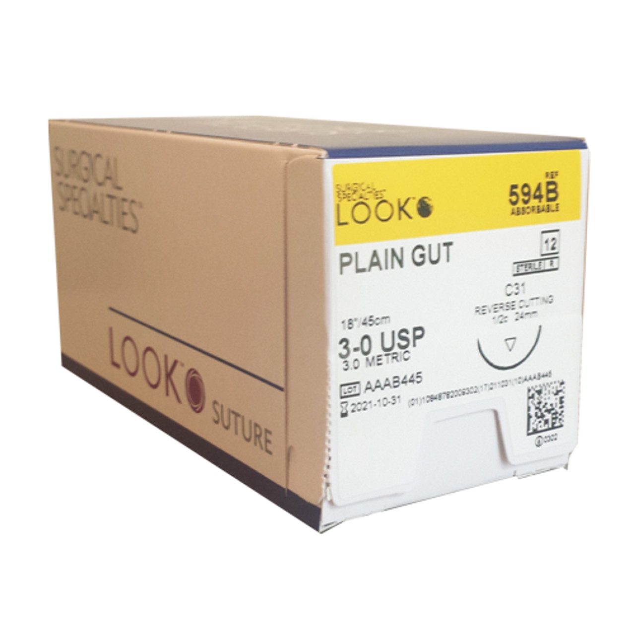 Look X594B Plain Gut Absorbable Sutures 3-0 18" C31 1/2 Circle 24mm 12/Pk