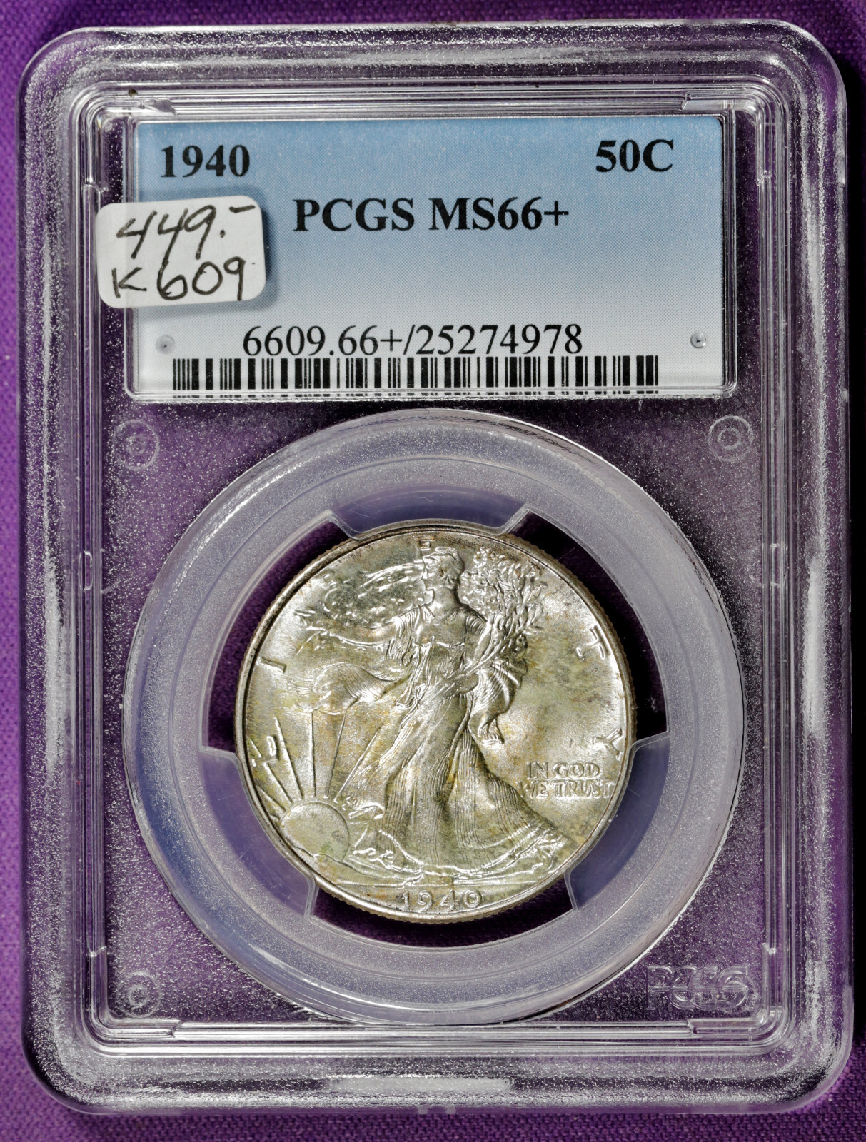 1940 Walking liberty Half Dollar.   In PCGS Holder.  MS 66+.  K609