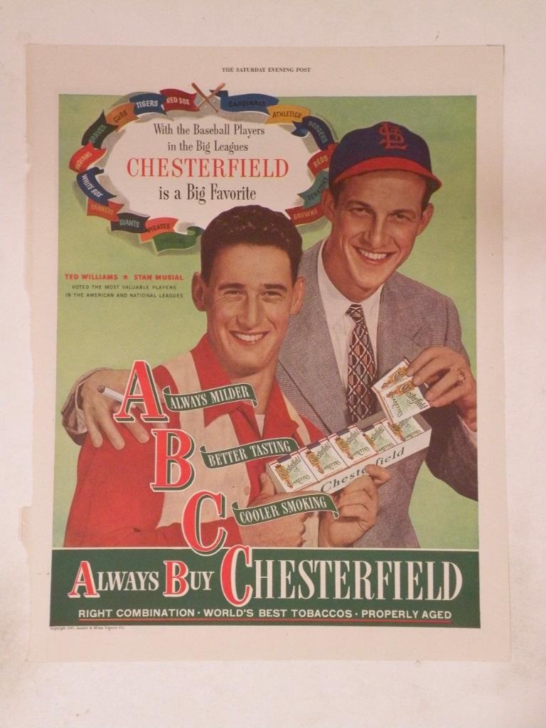 Magazine Ad* - 1947 - Chesterfield Cigarettes -Ted Williams, Stan Musial