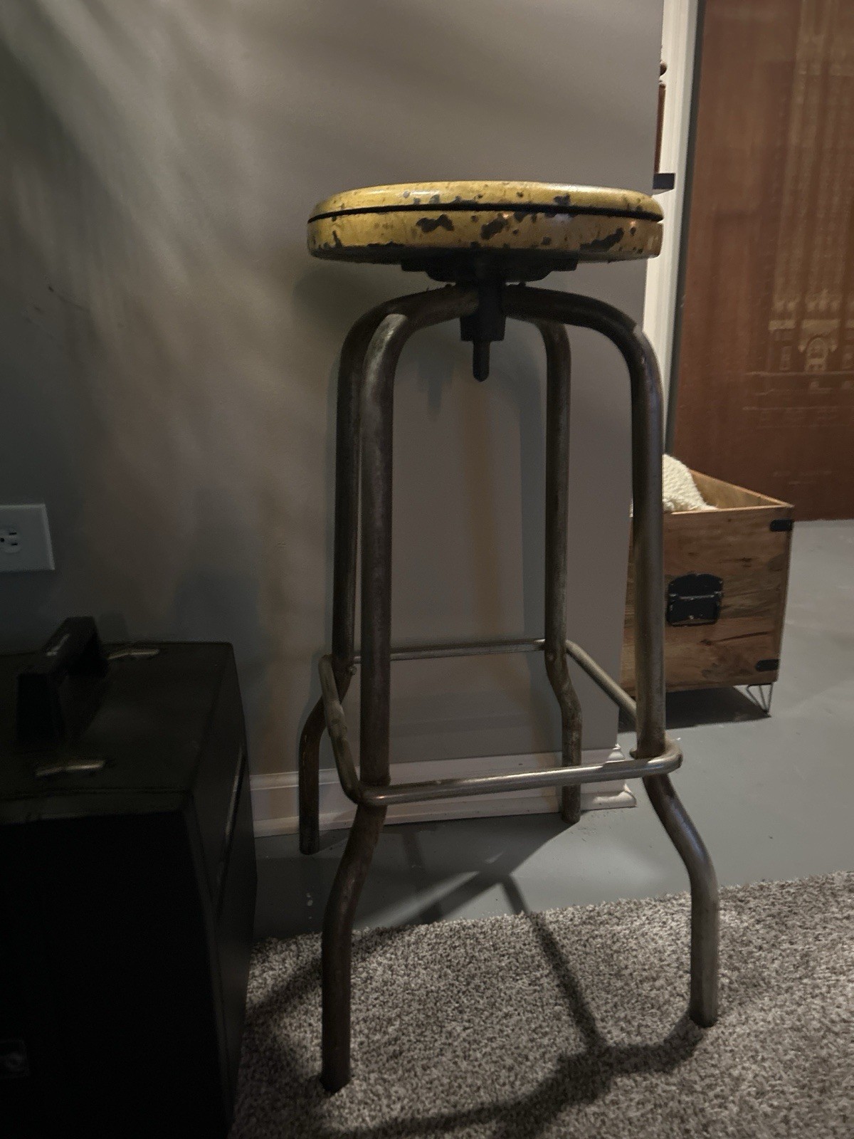 Vintage Industrial Adjustable Stool | Wooden Seat | Factory| c. 1915–1935