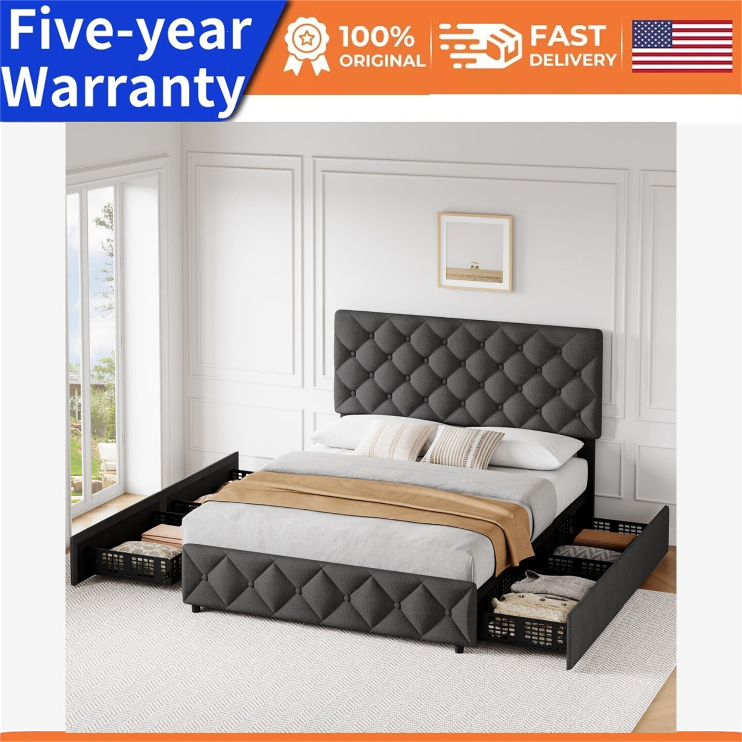 FULL Size Bed Frame with Four Storage Drawers Headboard and Slat Support US