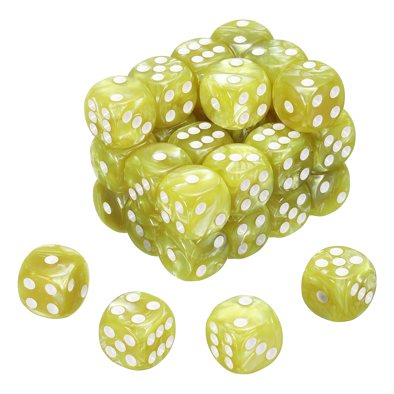 36Pcs 6 Sided Colored Standard Dice, Acrylic D6 Pearl Pattern Dice, Yellow