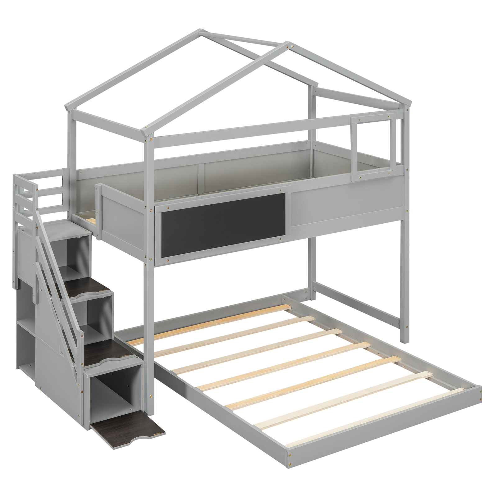 Wood Bed Frame Twin over Full House Bunk Bed w/Storage Staircase & Blackboard