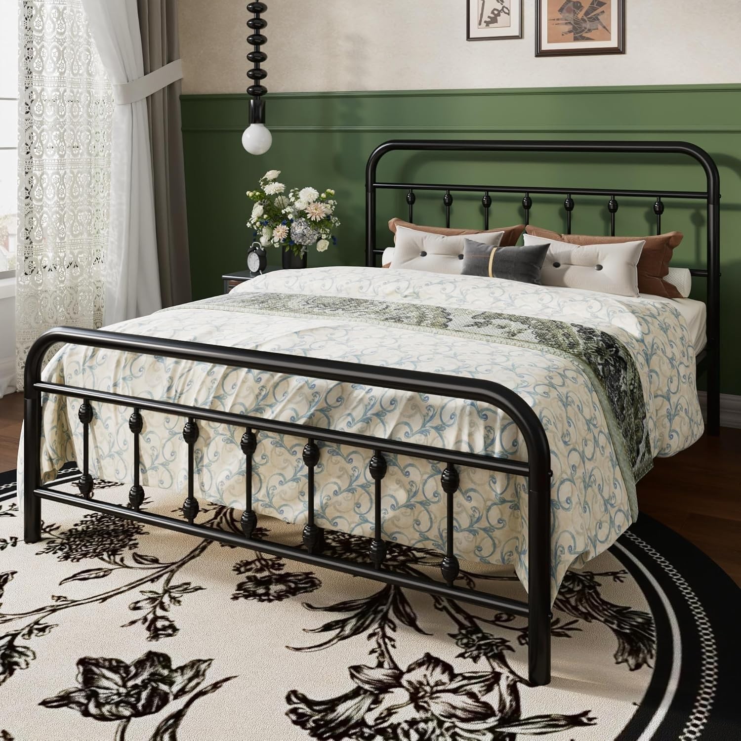 Queen Size Metal Platform Bed Frame with Victorian Style Iron-Art Headboard and