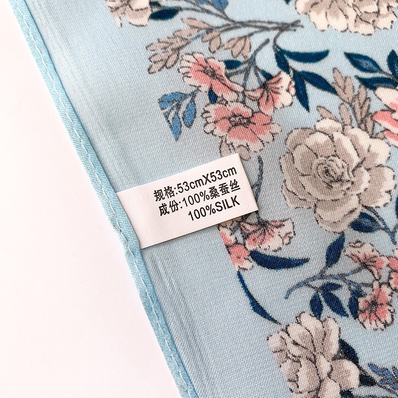 100% Pure Silk Small Scarf Women Neckerchief Bandana Wrap Blue Flowers 53*53cm