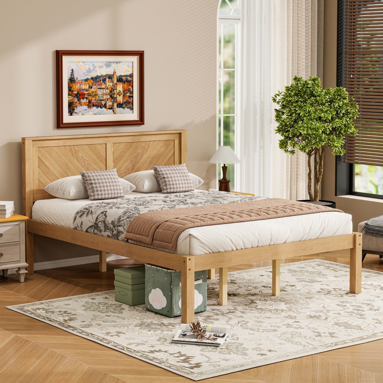 Queen/King Size Solid Wood Platform Bed Frame w/ Headboard No Box Spring Needed