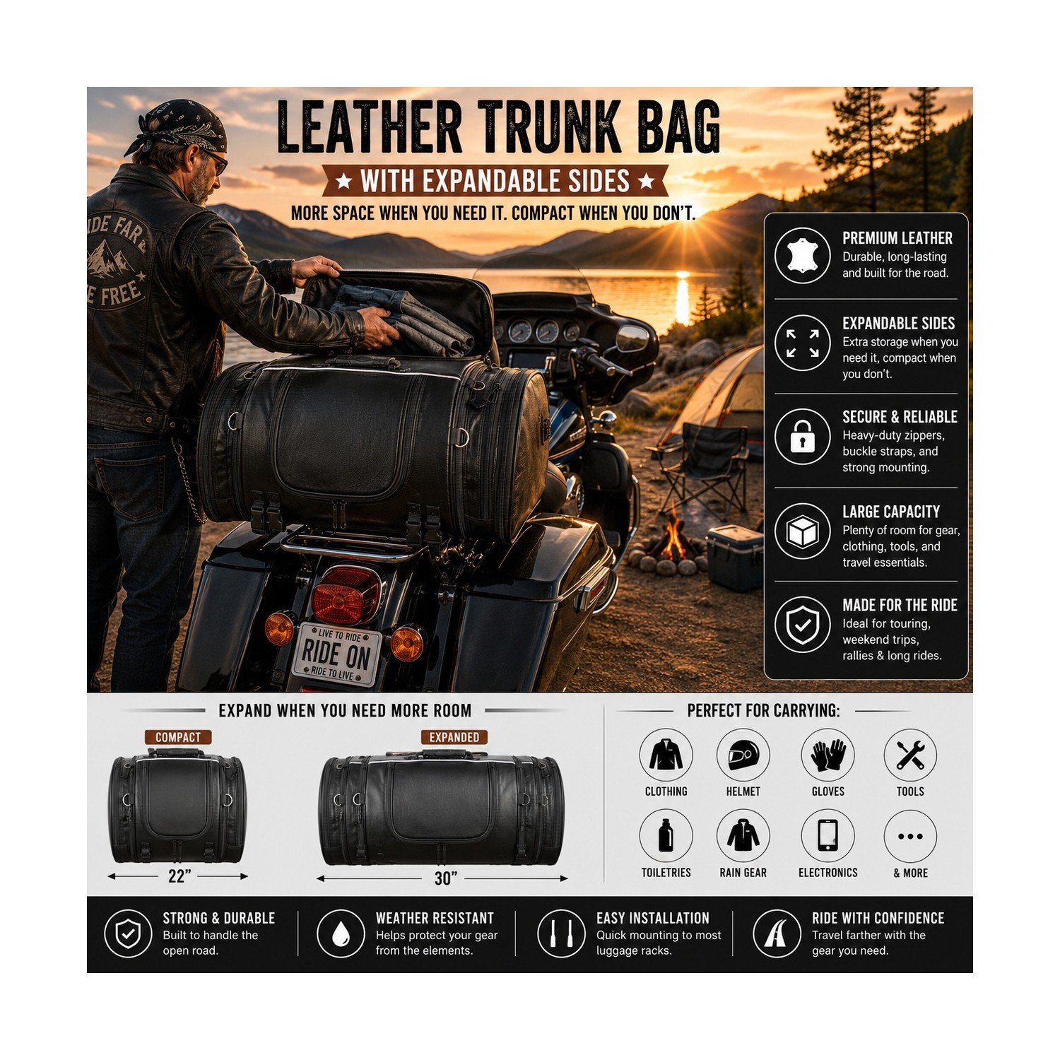 Large Leather Motorcycle Trunk Bag Expandable Touring Luggage 24x13x12