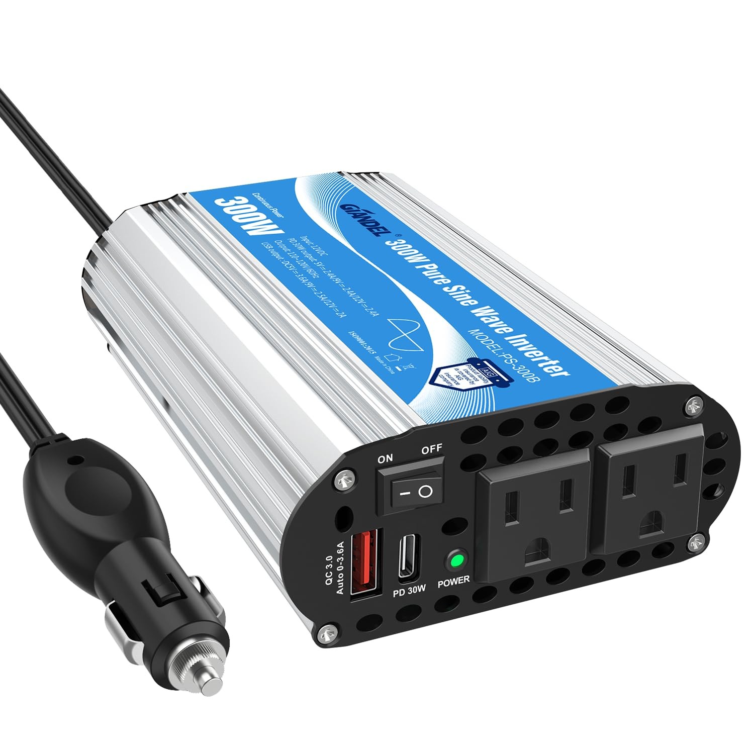 Pure Sine Wave Power Inverter 300Watt Car Adapter Converts 12V DC to 120V AC ...