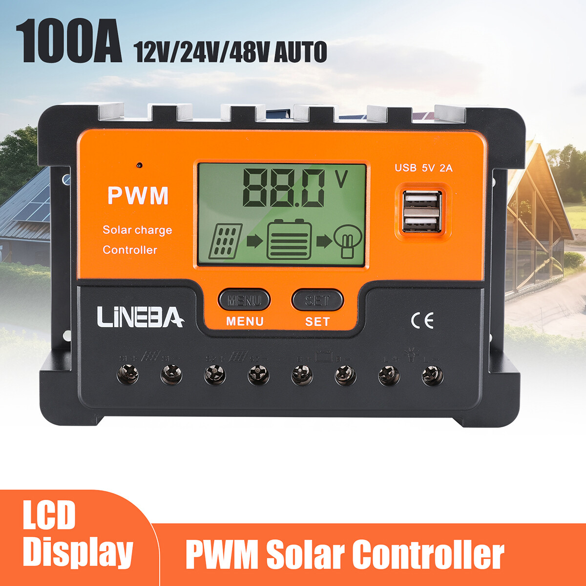 100A 12/24/48V Solar Panel Charge Controller Regulator Auto Tracking 2 USB Port