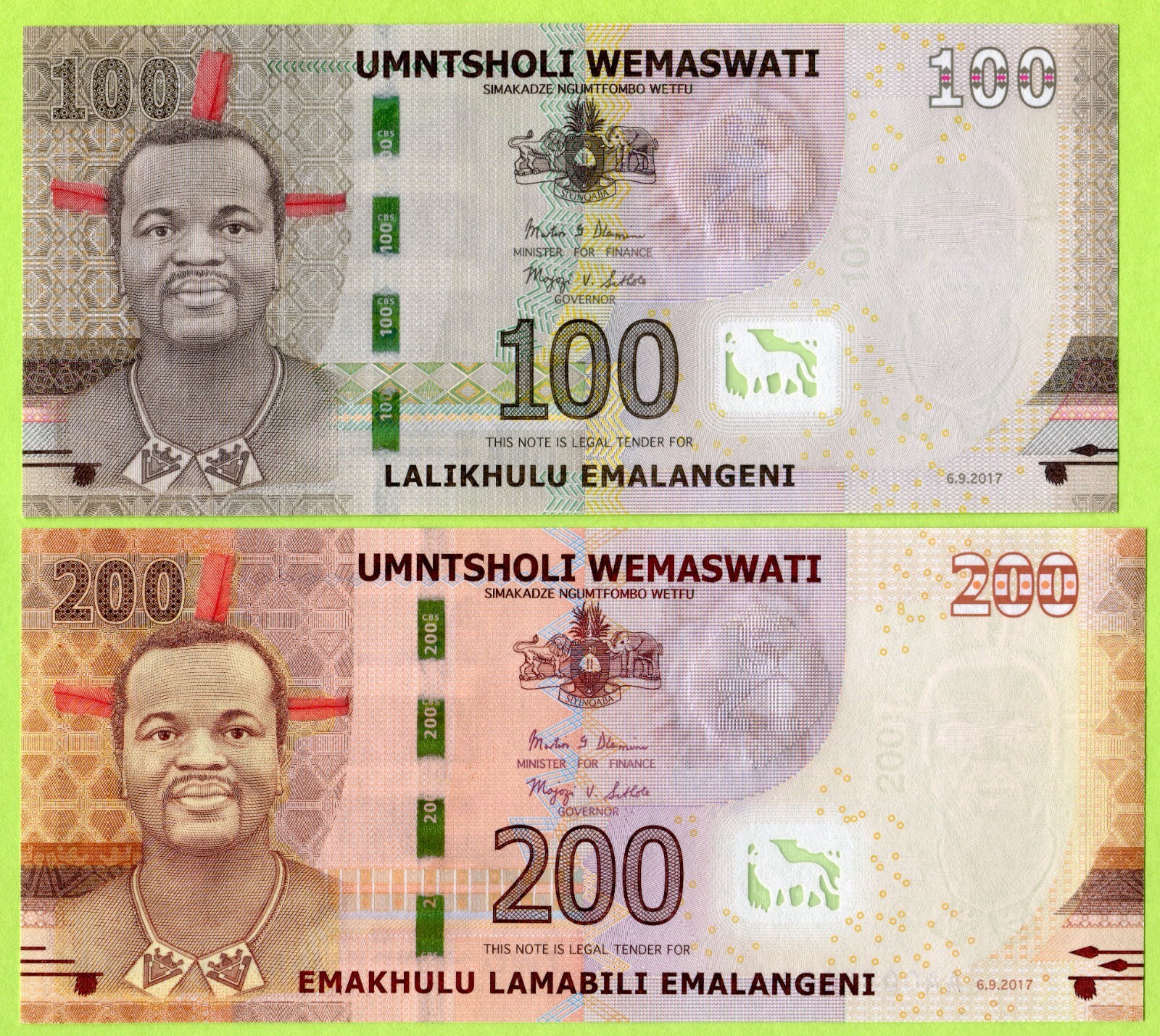 Swaziland / eSwatini 100 200 Emalangeni 2017 P42 P43 UNC - Hybrid Polymer