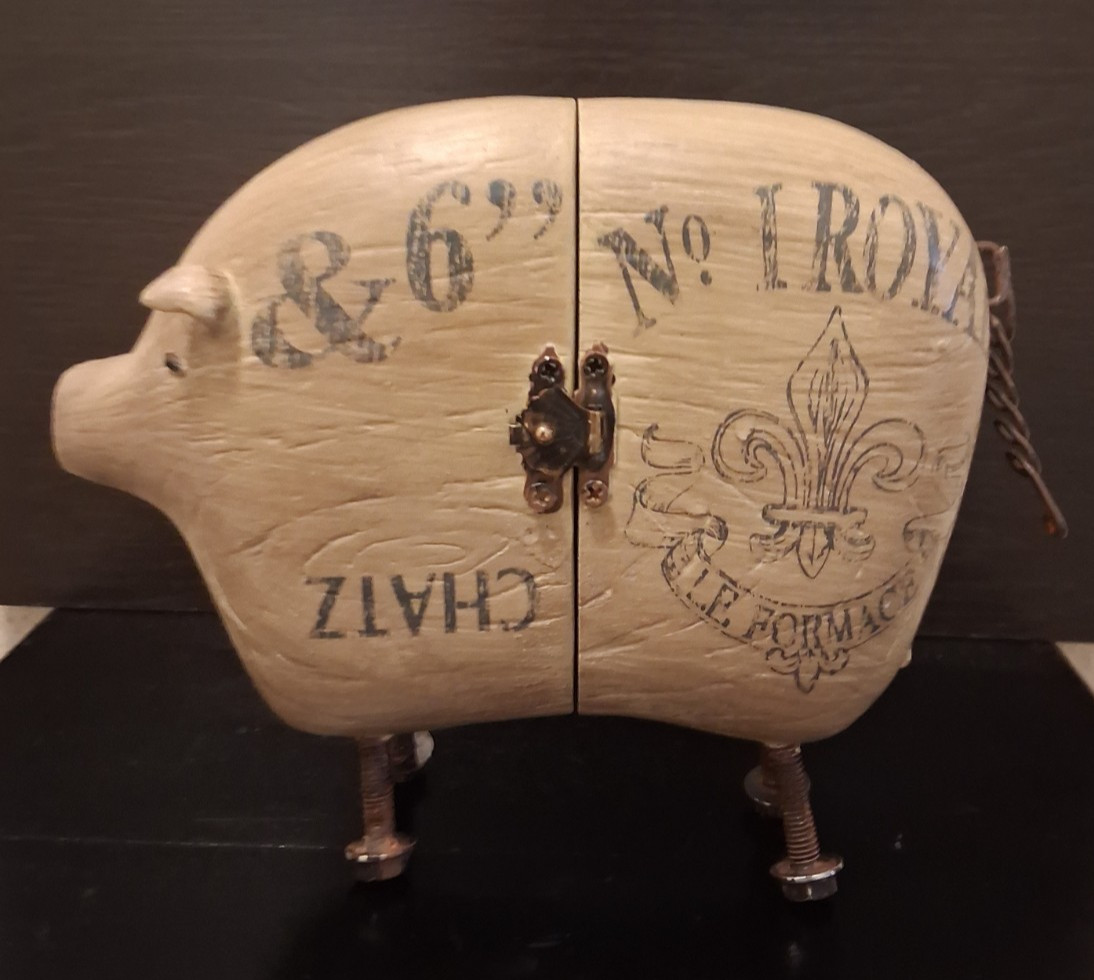 Unique Pig Trinket Box with French Design and Metal Accents- In Great Condition!