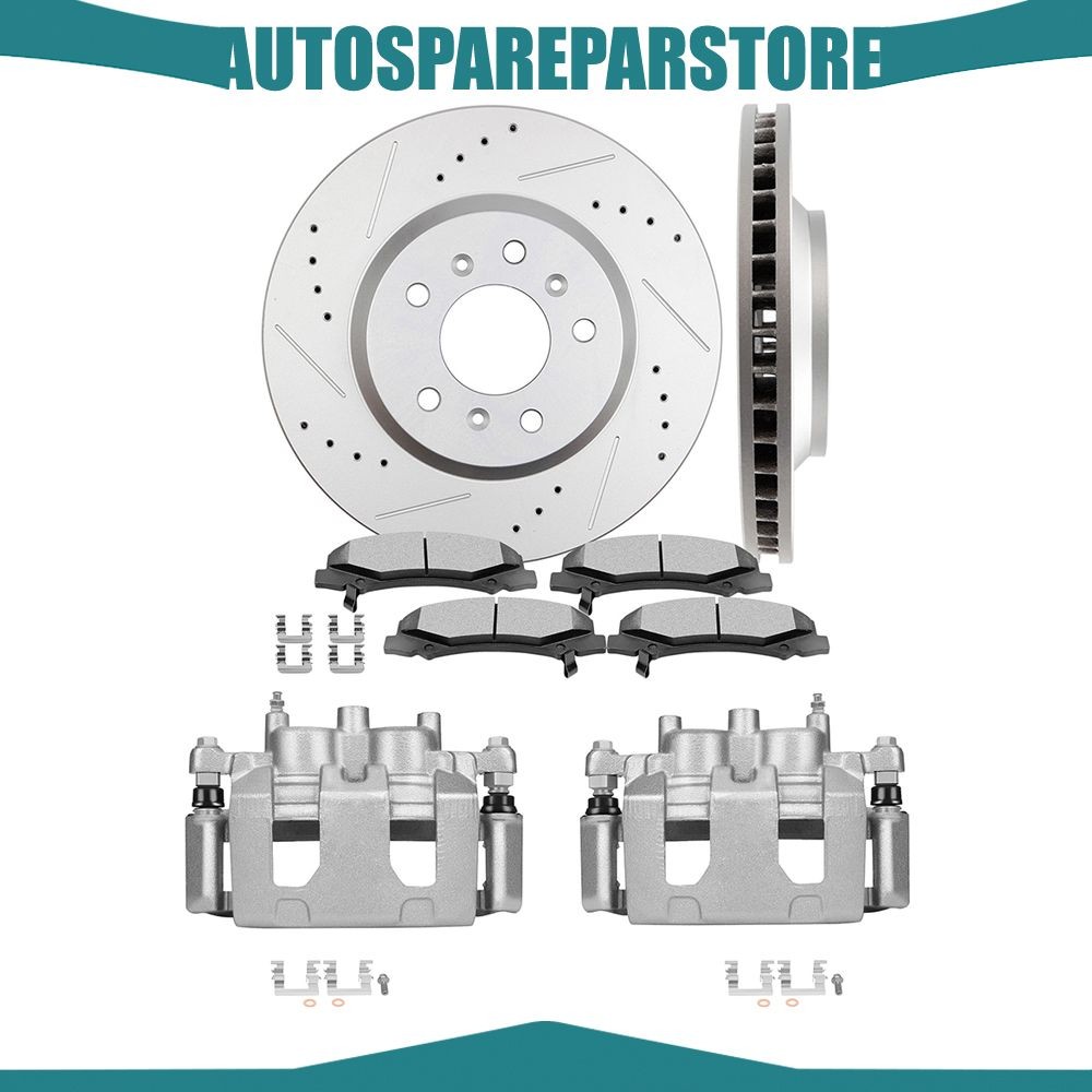 Front Pair Brake Calipers Disc / Rotor Ceramic Pad For 2006-13 CHEVROLET IMPALA