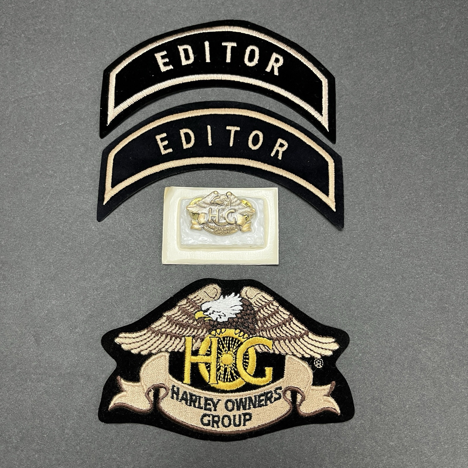 Harley Davidson HOG Harley Owners Group Patch & Pin and 2 Editor Rocker Patches