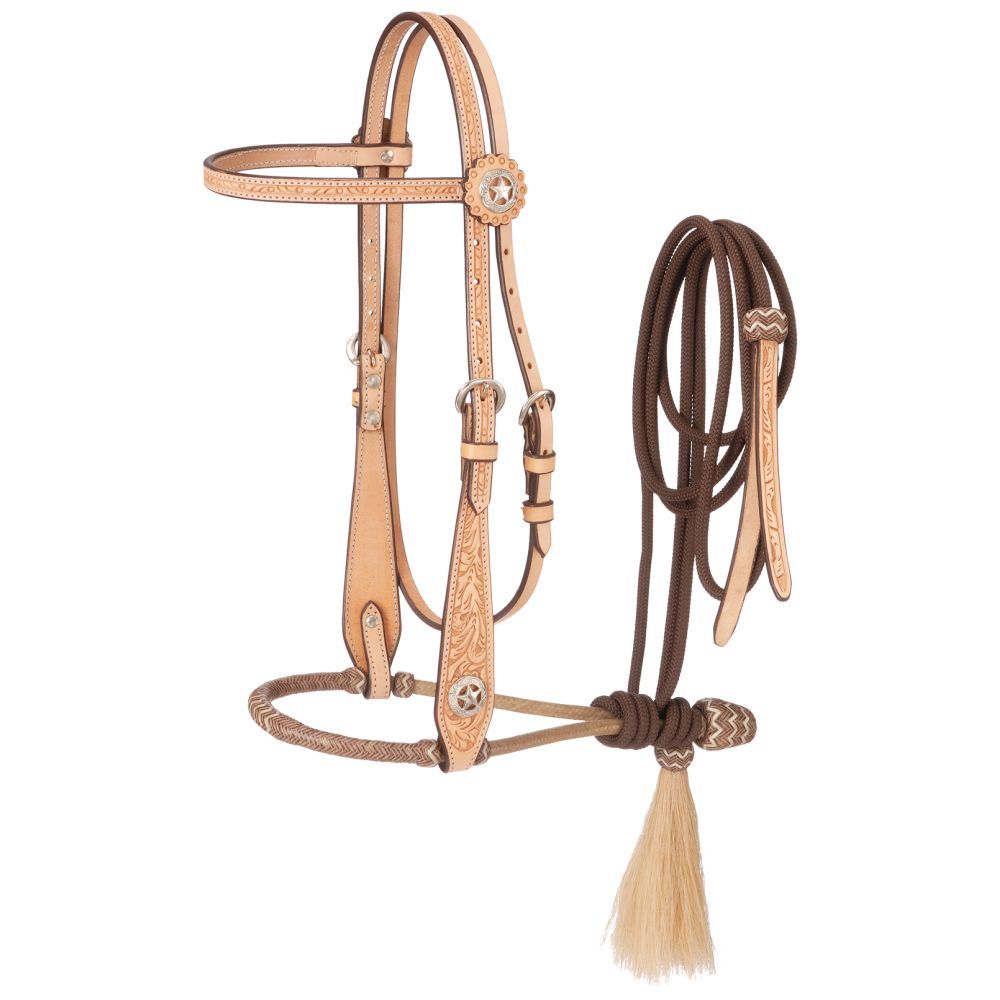 Western Natural Leather Rawhide Braided Headstall & Bosal with Nylon Reins
