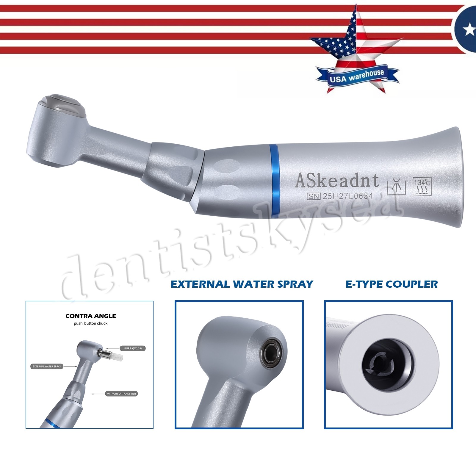 3Pcs Dental 1:1 Low Slow Speed Push Button Contra Angle Handpiece E-type AS