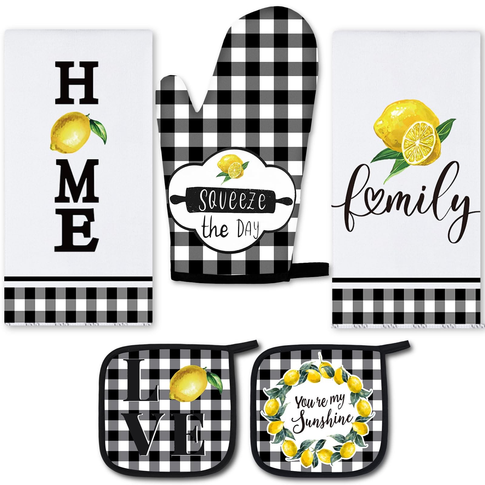 5 Pieces Buffalo Plaid Kitchen Towels Oven Mitts and Pot Holder Set Black and Wh