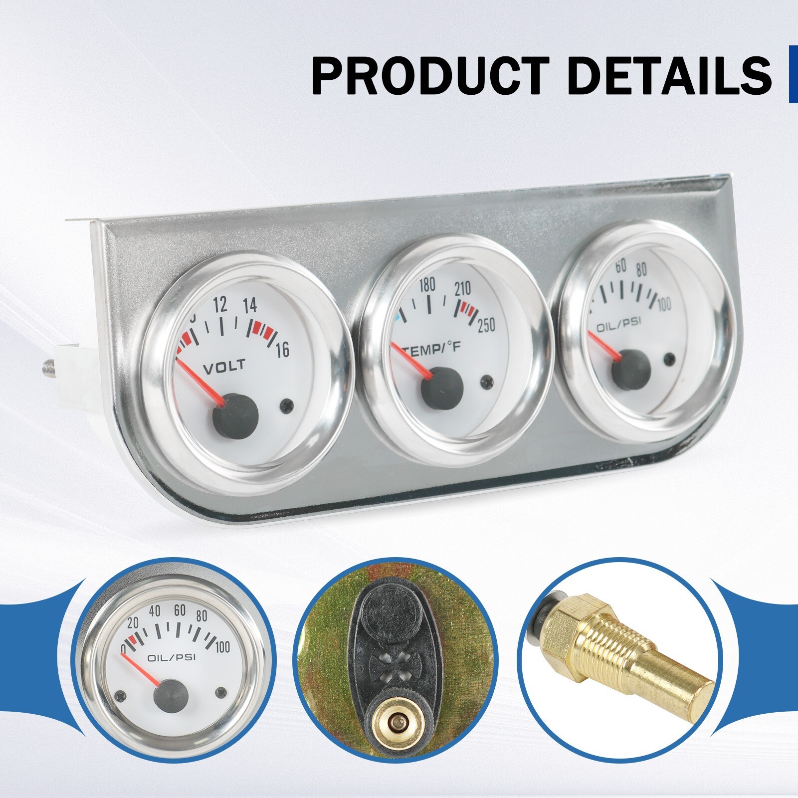 Chrome 2'' 52mm Mechanical Triple 3 Gauge Set Oil Pressure Volt Meter Water Temp