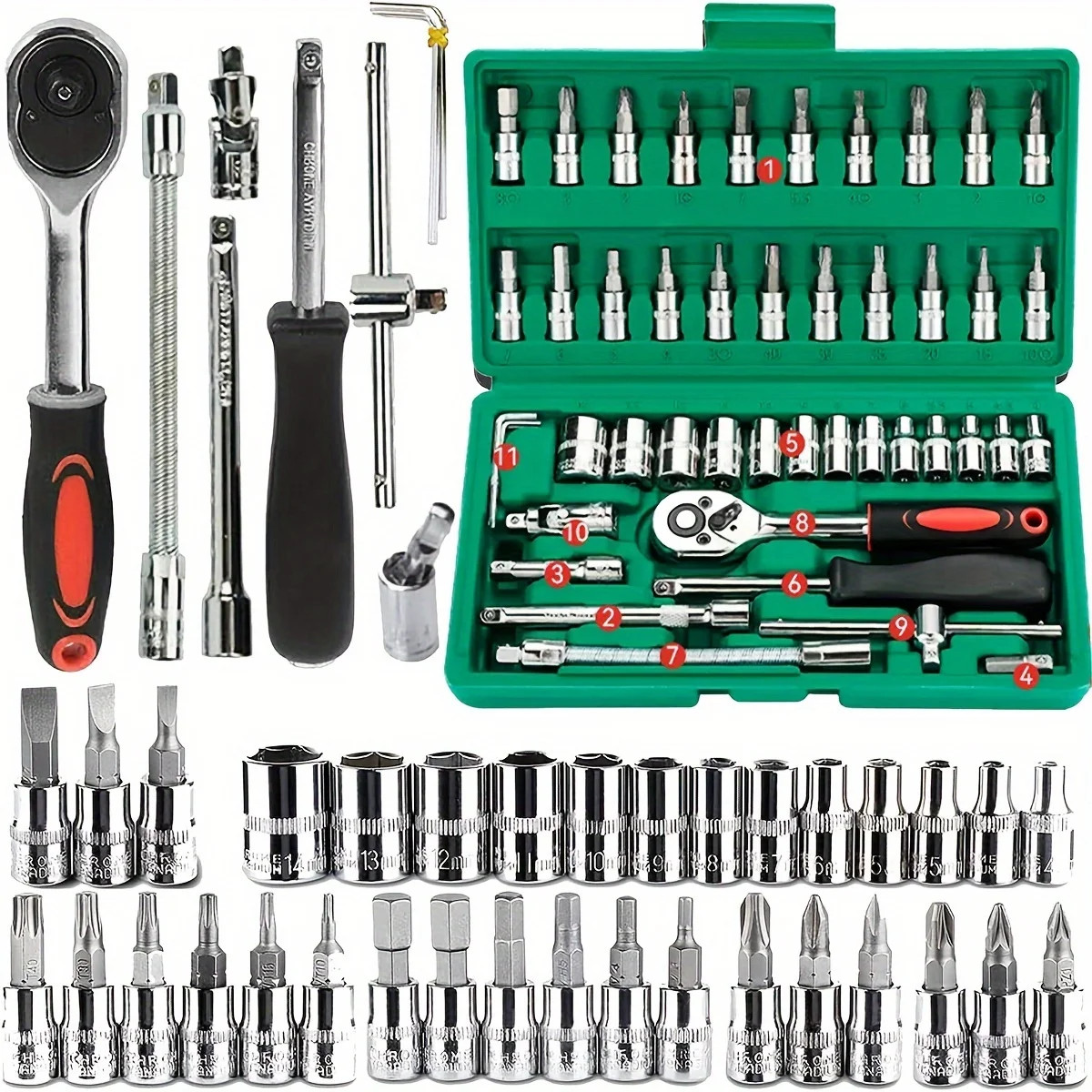 46PCS 1/4" Mechanic Tool Set Ratchet Wrench Socket & Hex Bit Kit