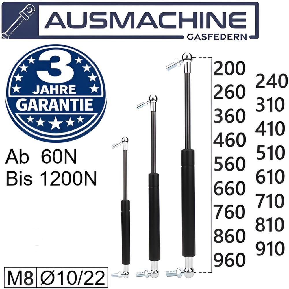 Gas pressure spring with ball joint M8 gas spring 200-960 mm gas pressure damper 60N - 1200N