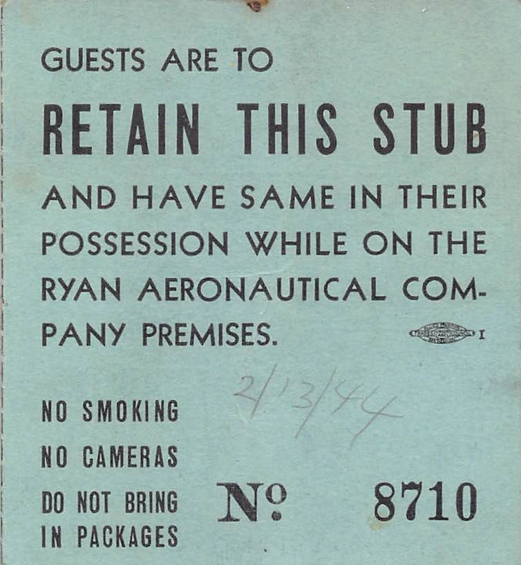 Vintage 1944 Ryan Aeronautical Guest Ticket Stub 1940s Pass San Diego California