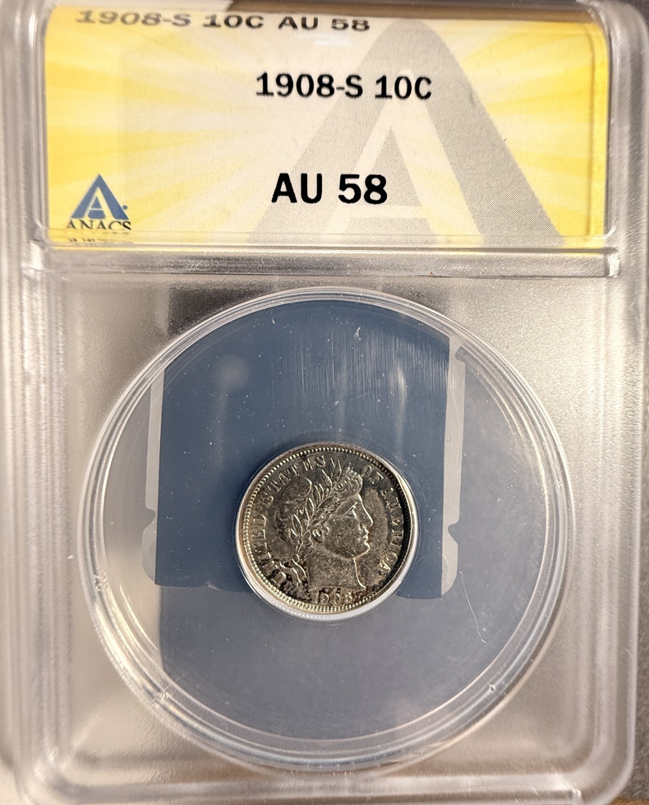 1908-S Barber Dime, AU58 ANACS (18754)