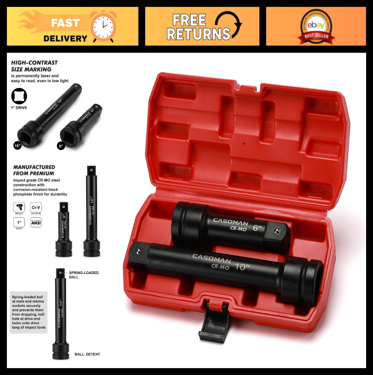 1-Inch Drive Impact Socket Extension Bars, 6" & 10" Length, CR-MO Steel, Durable