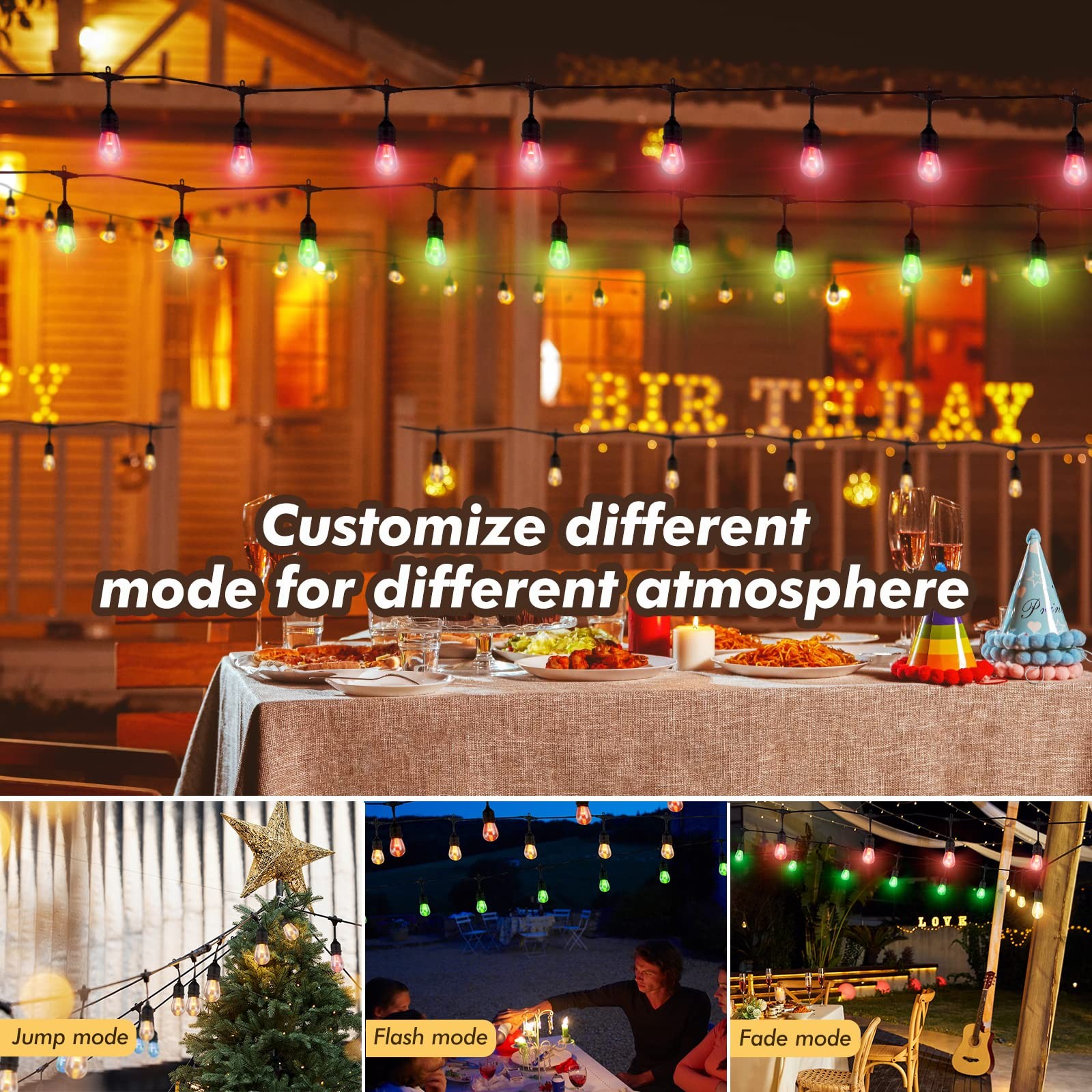 24FT Solar Outdoor String Lights, 12 Shatterproof Edison LED Bulbs, Dimmable ...