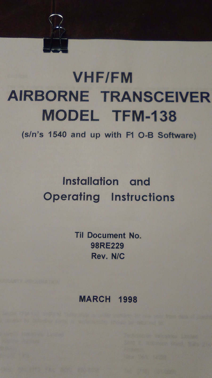 Technisonic VHF FM Model TFM-138 Install & Operator's Manual