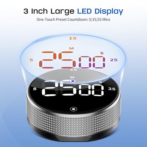 Digital Kitchen Timer, Magnetic, Large LED Display, Countdown/Count Up, 3 Preset