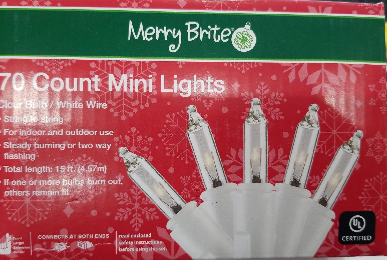 Merry Brite 70 Count Mini Lights, Clear Bulb/white Wire 15ft
