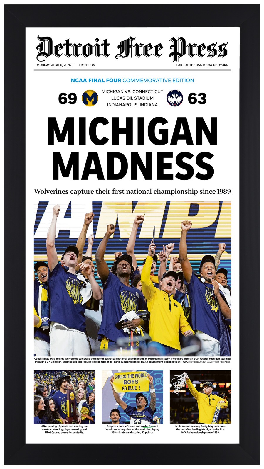 Michigan Wolverines 2026 NCAA Champions Framed Newspaper Print Michigan Madness