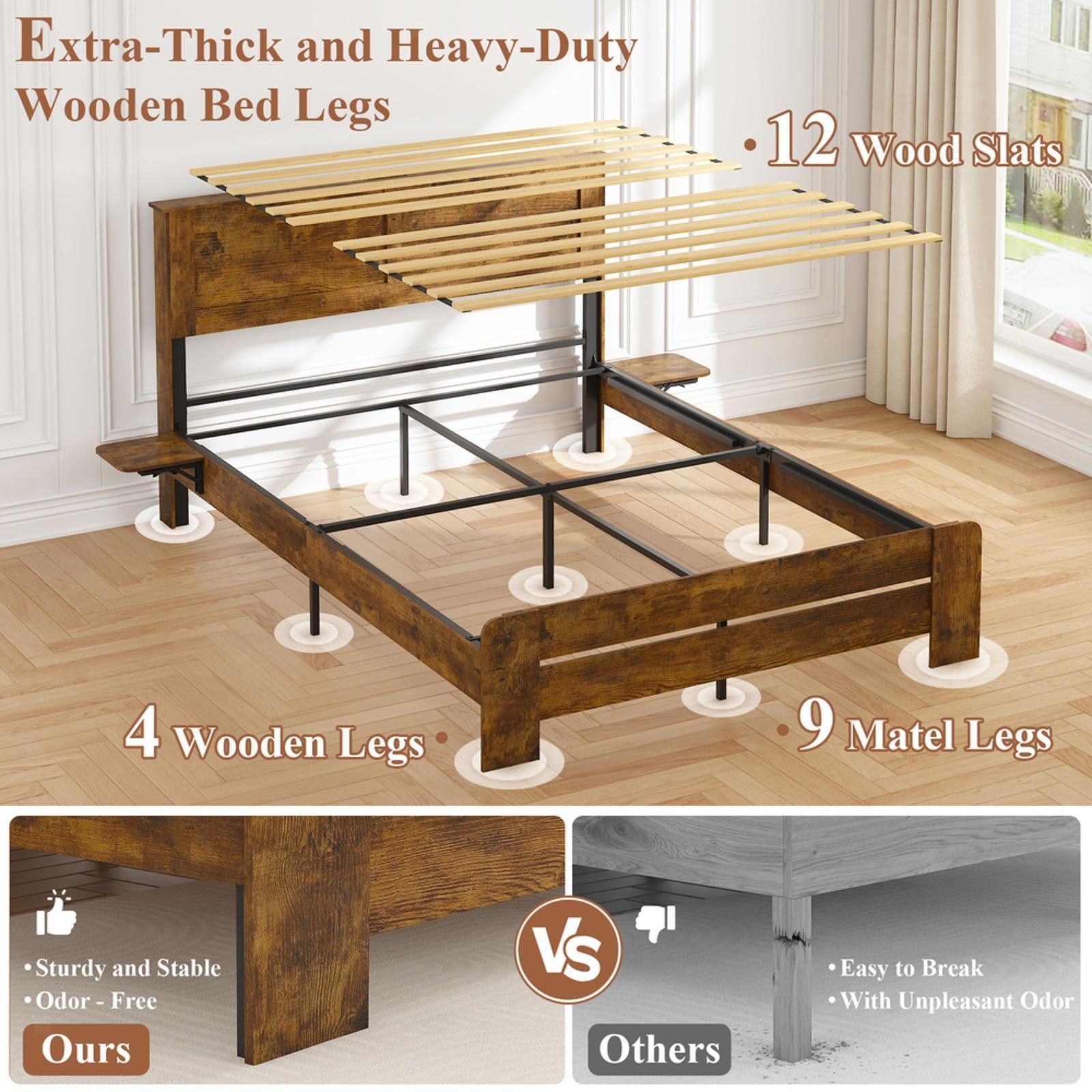 Rustic Industrial Farmhouse Bed Frame with Blue LED & Storage