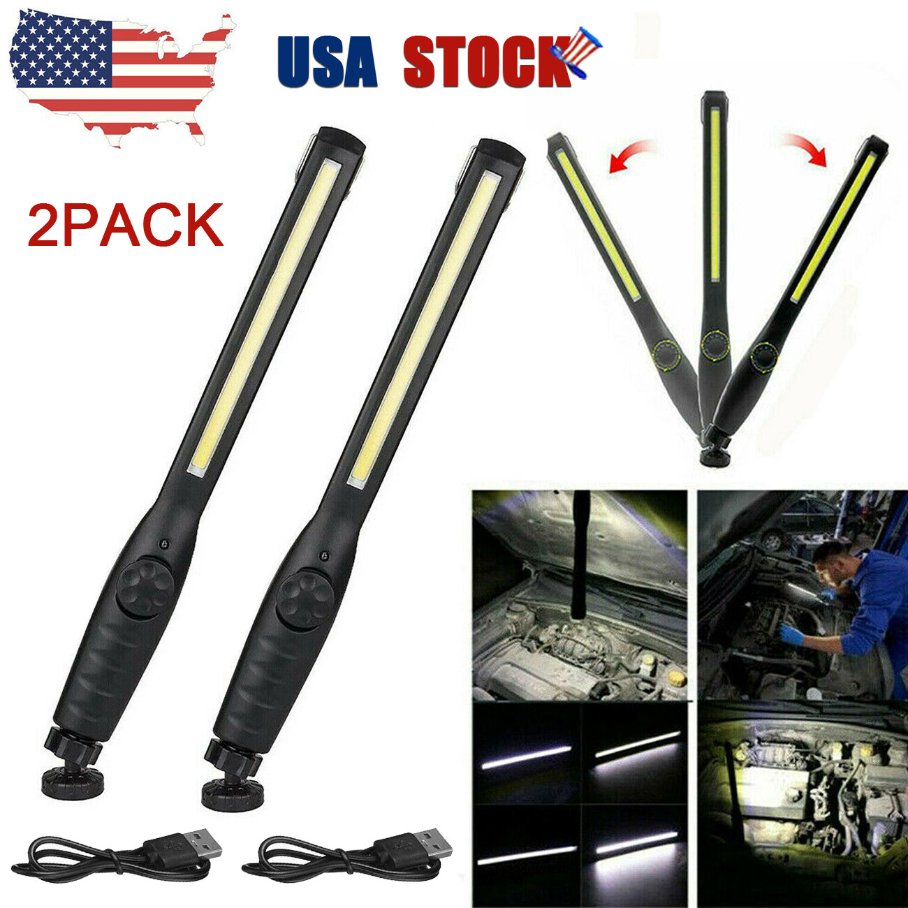 2PCS Ultra Thin COB LED Work Light Mechanic Flashlight Magnetic Base+USB Cable