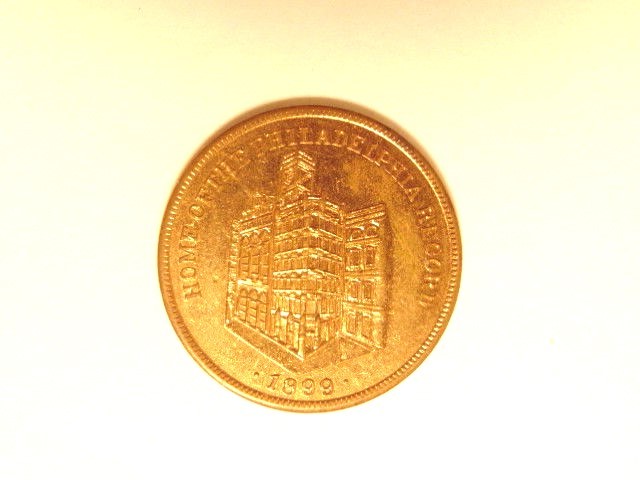 metal token: Independence Hall & Philadelphia Record Newspaper Office shown