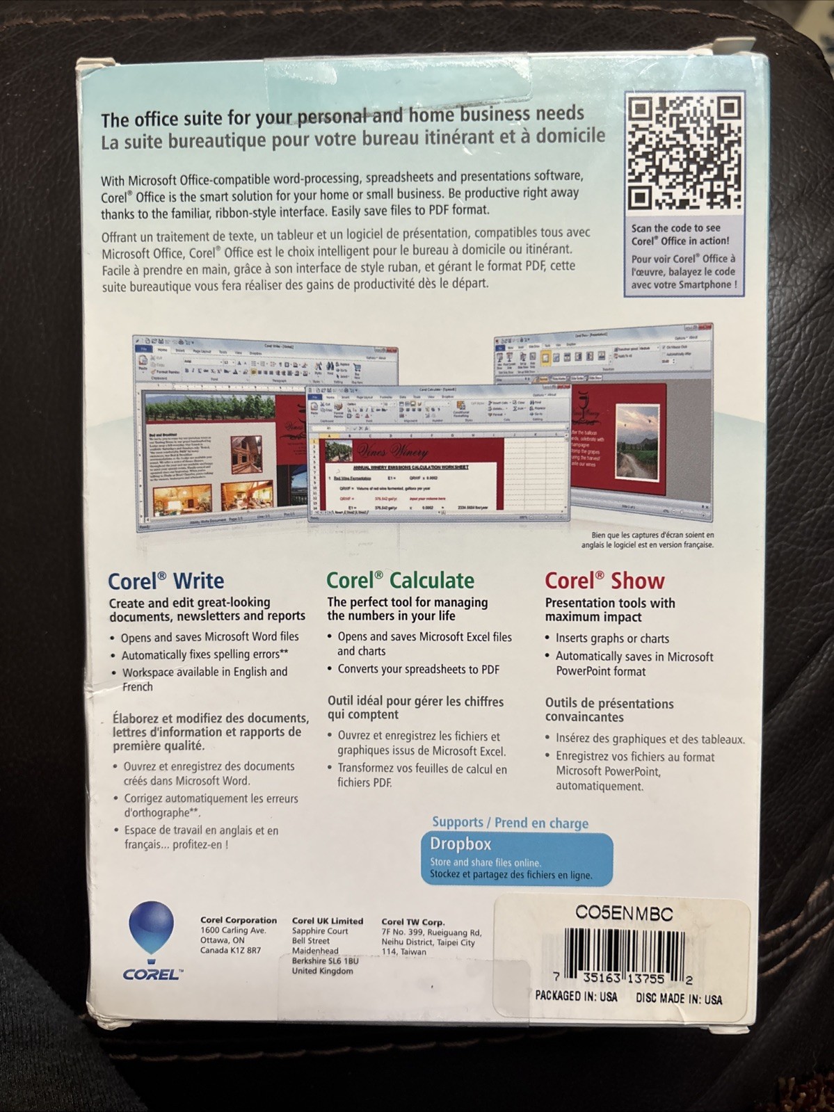 Corel Office CO5ENMBC Write Calculate Show WinZip 3 PCs Windows