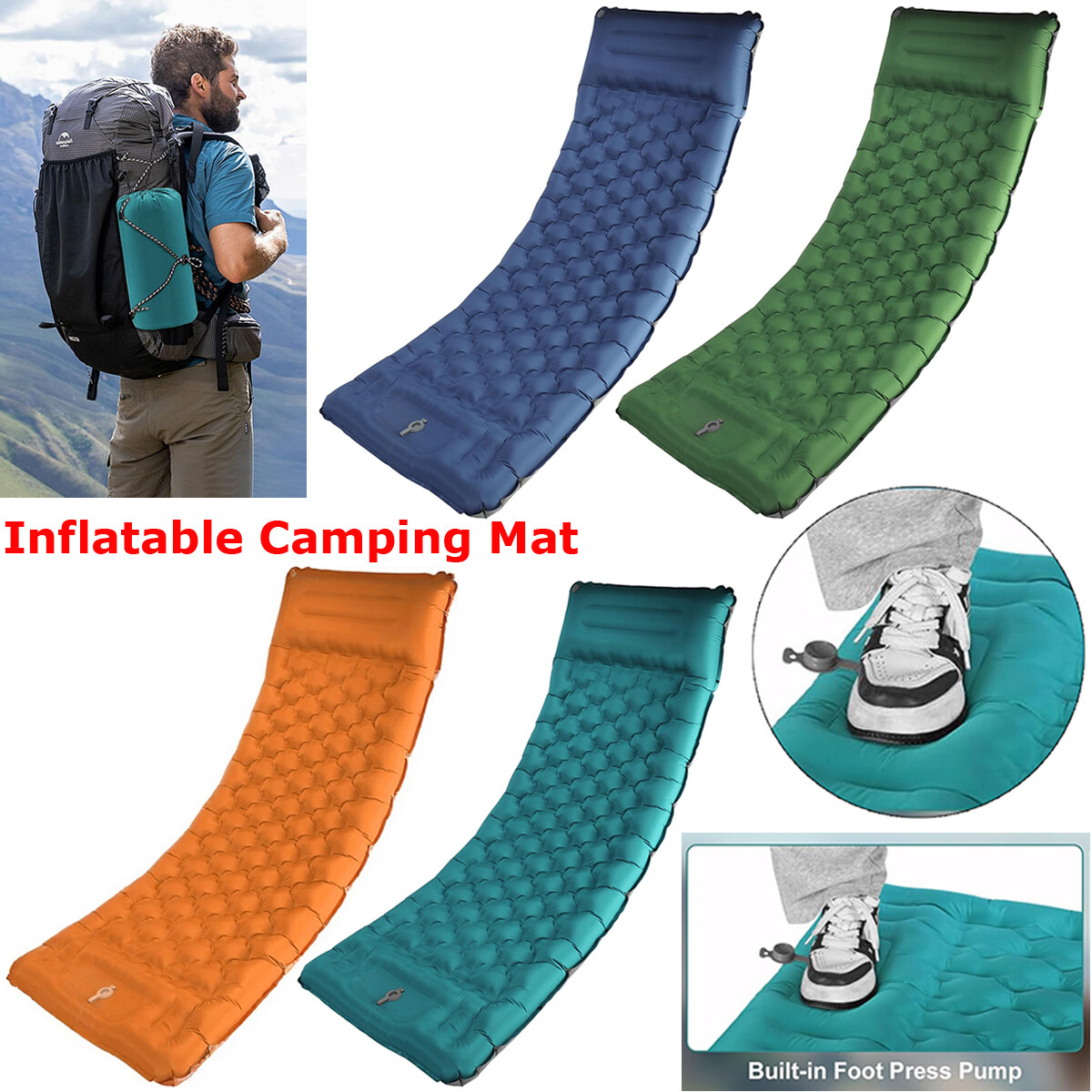 Camping Sleeping Pad Inflatable Air Mat Sleep Mattress with Pillow & Foot Pump