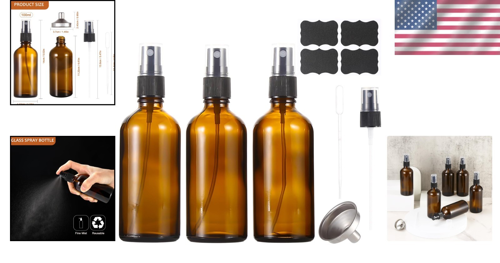 Versatile 100ml Refillable Amber Glass Spray Bottles - 3 Pack with Accessories