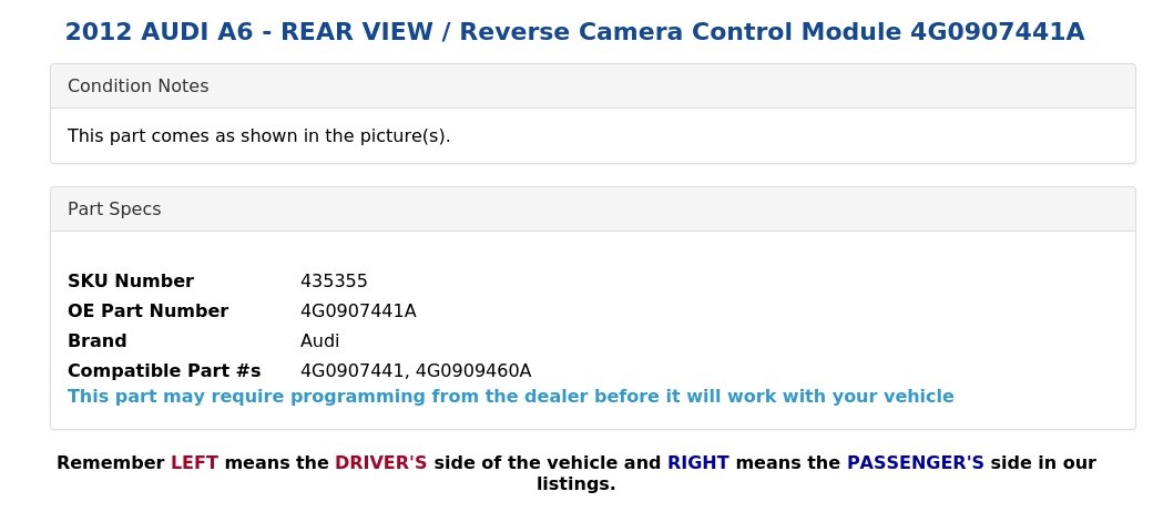 2012 AUDI A6 - REAR VIEW / Reverse Camera Control Module 4G0907441A