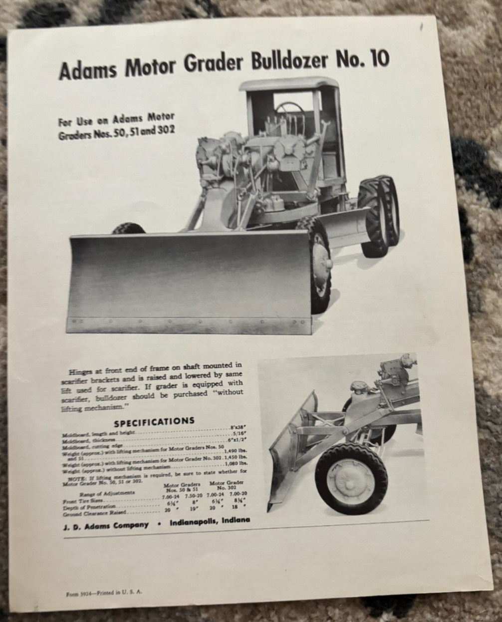 Adams Motor Grader Bulldozer No.10 Brochure FCCA25