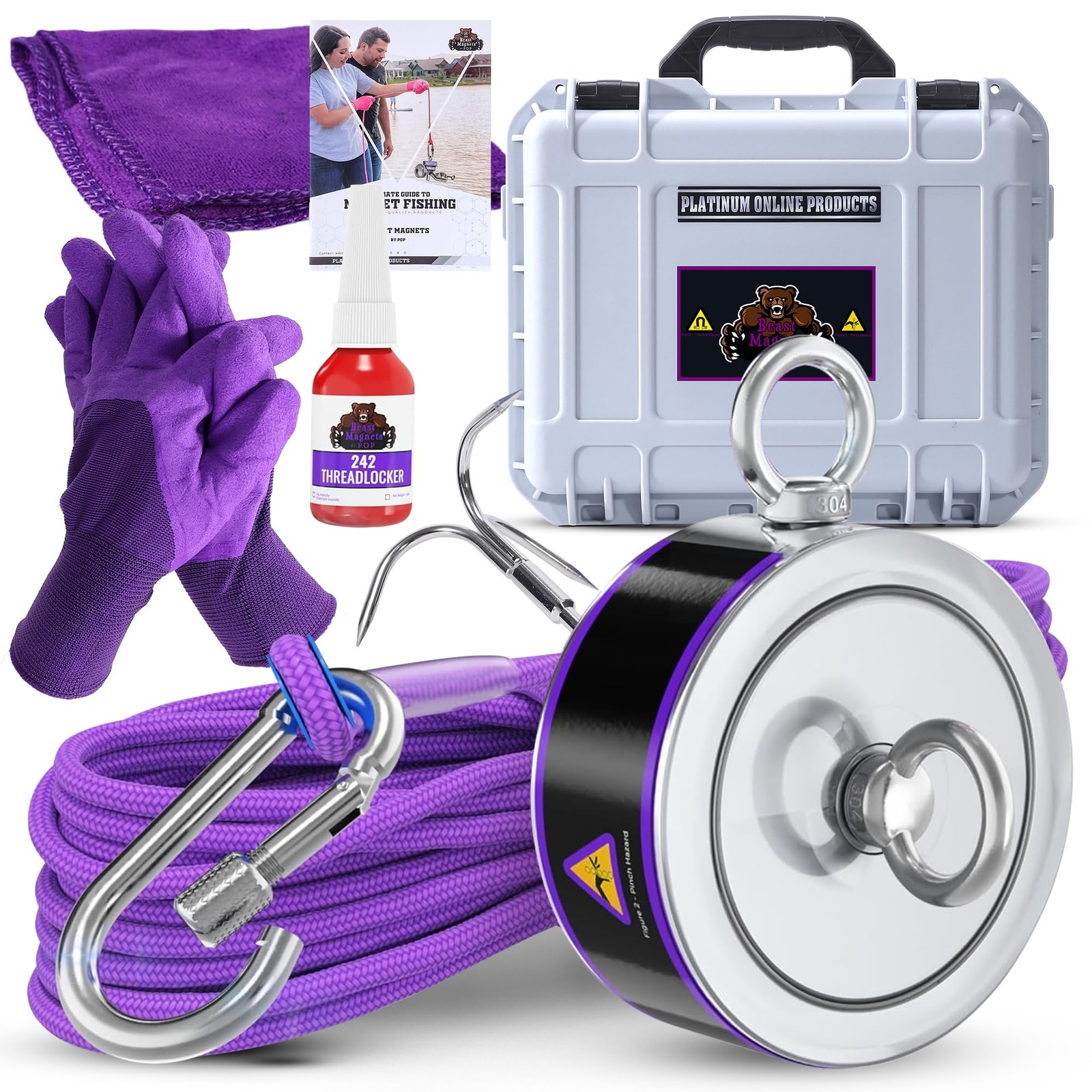 2600LB Magnet Fishing Kit | Double Sided Neodymium N52 Magnet, 65ft Rope, C