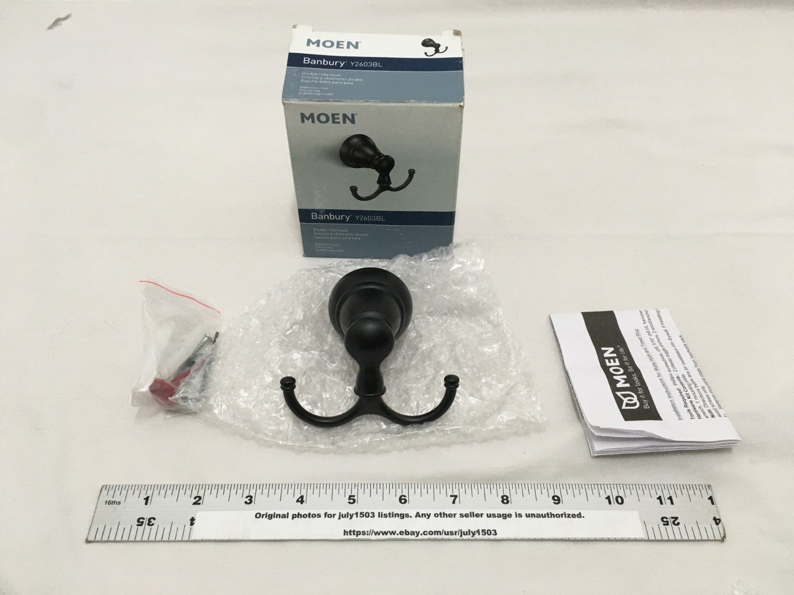 (1) NEW Moen Banbury Double Robe Hook - MATTE BLACK - Y2603BL