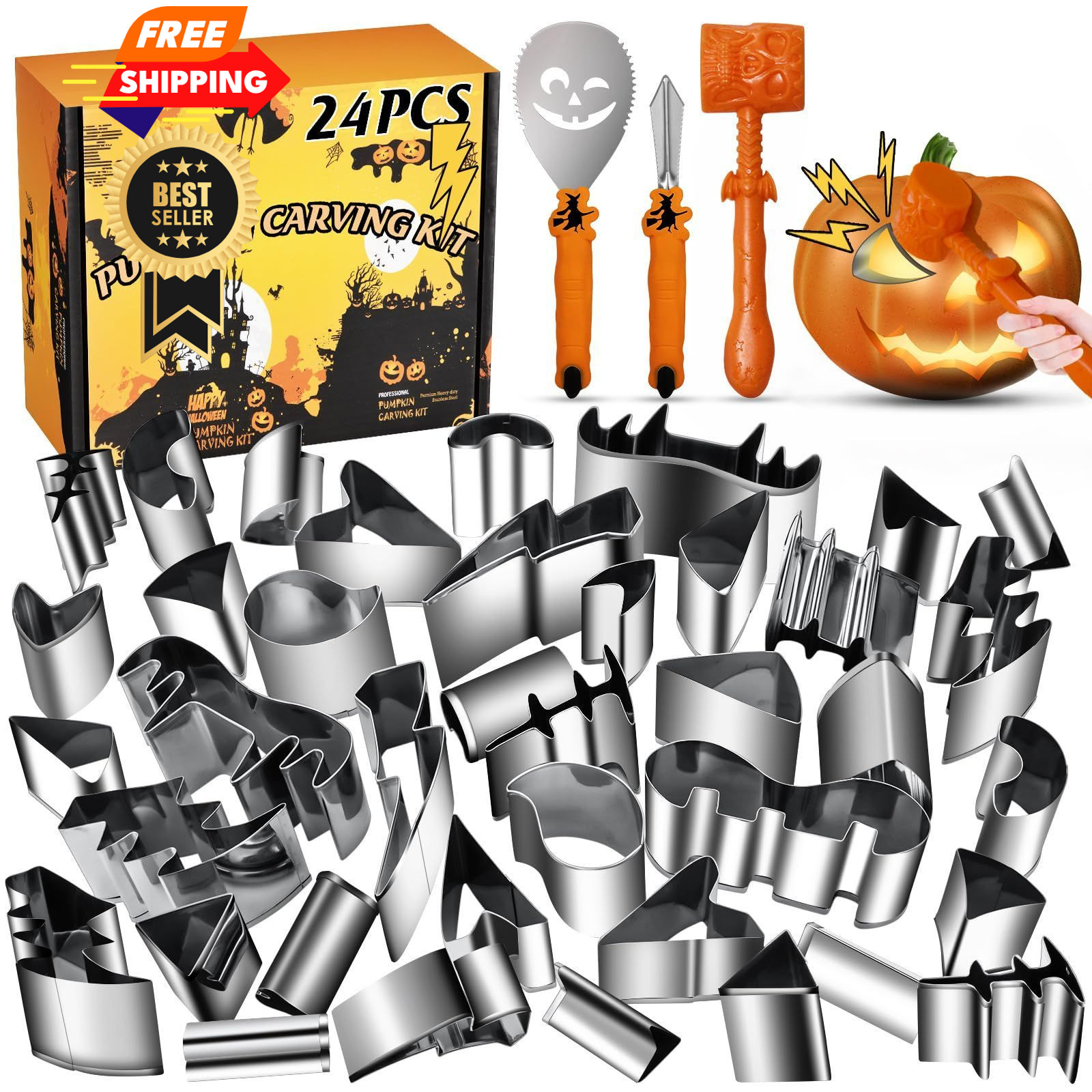 WANNTS Pumpkin Carving Kit Halloween, Safe and 25 PCS (With Hammer), Orange