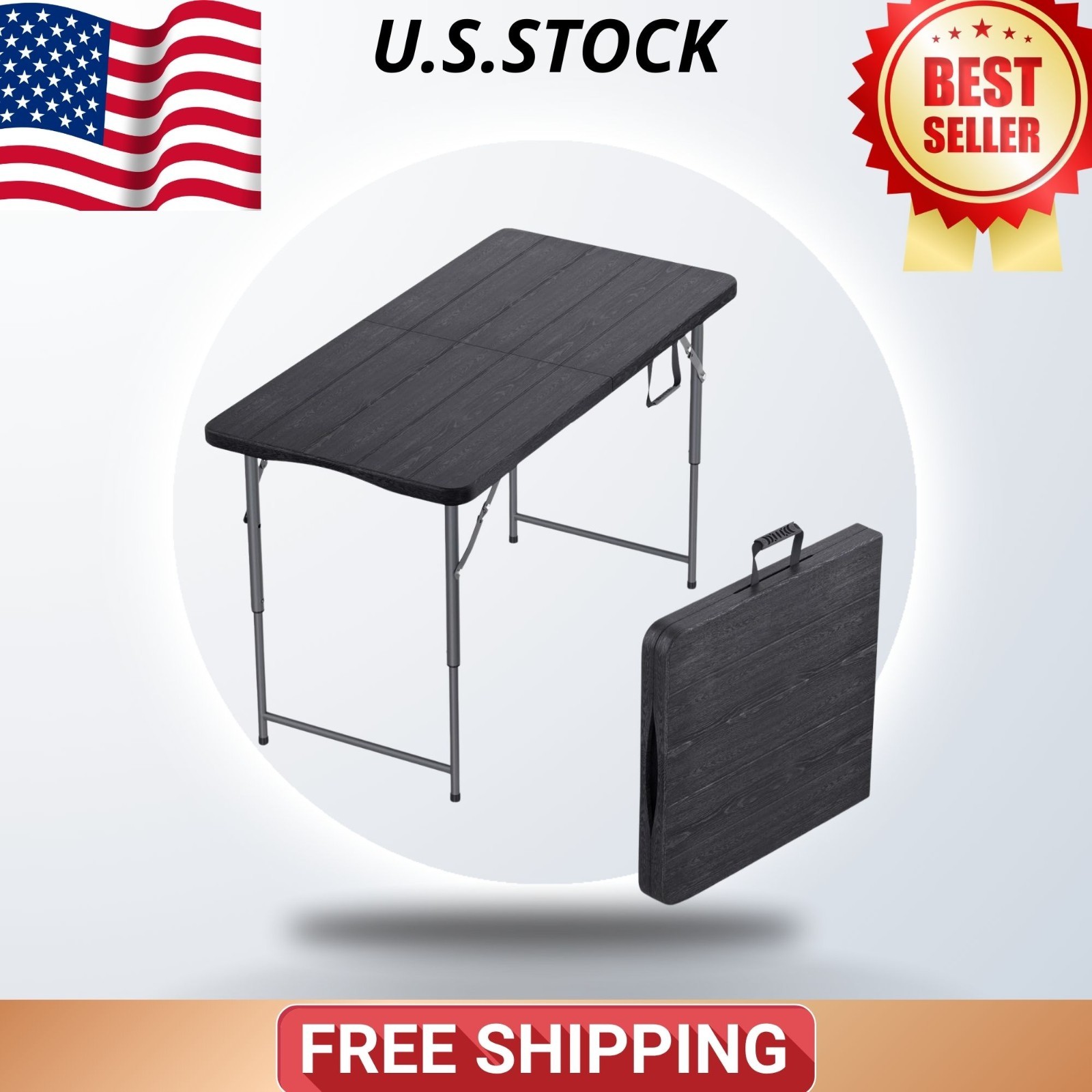 4FT Folding Table Adjustable Height with Built-In Handle, Heavy Duty Portable